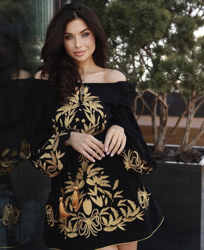 Linen Short Black Dress Gold Embroidery Vyshyvanka Dress Embroidery Dress Ukrainian
