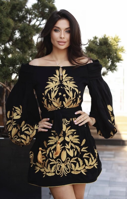 Linen Short Black Dress Gold Embroidery Vyshyvanka Dress Embroidery Dress Ukrainian