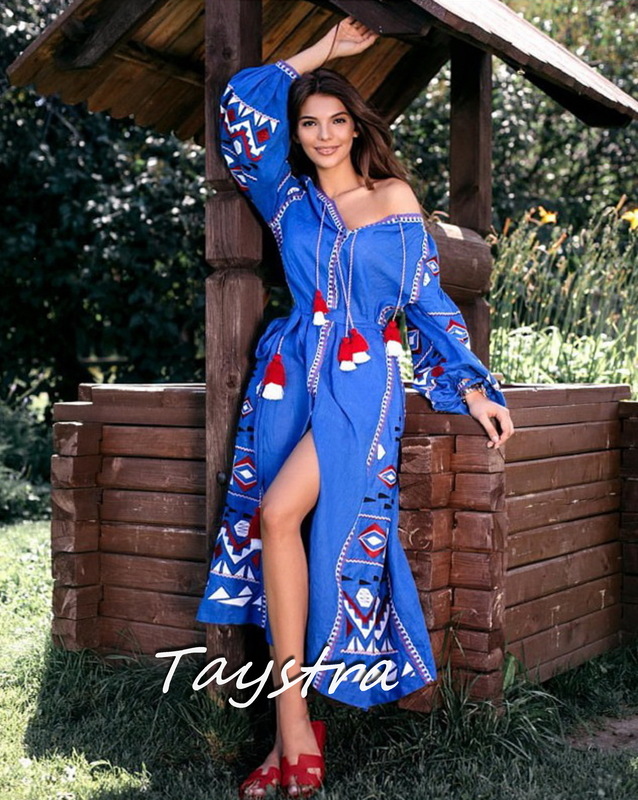Dress Embroidered Vyshyvanka Blue Maxi Dress Multi Color Embroidery Linen Dress Ukrainian