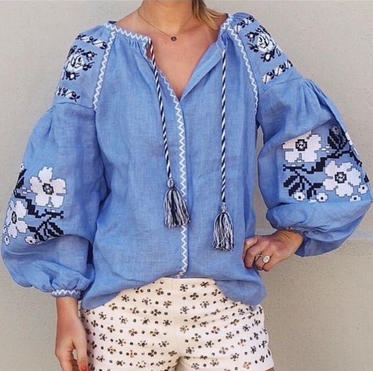 Vyshyvanka Embroidered Blouse, Blue Blouse Linen, ethno, style boho chic, Bohemian, Vyshyvanka Multi Color Embroidery Linen, Ukrainian embroidery