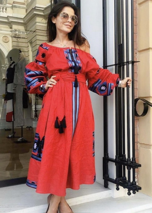 Red Dress Embroidered Midi Linen Dress Vyshyvanka Ukrainian Boho