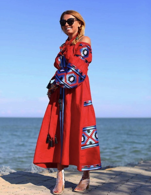 Red Dress Embroidered Midi Linen Dress Vyshyvanka Ukrainian Boho