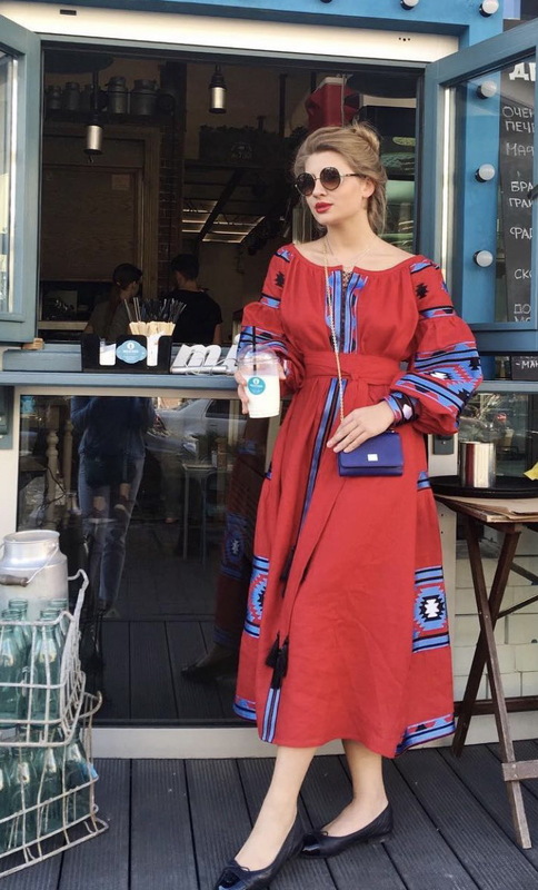 Red Dress Embroidered Midi Linen Dress Vyshyvanka Ukrainian Boho