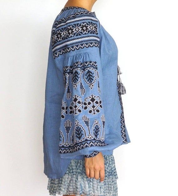 Vyshyvanka Embroidered Blouse, Blue Blouse Linen, style boho chic, Bohemian, Vyshyvanka Multi Color Embroidery Linen, Ukrainian embroidery