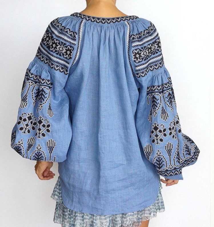 Vyshyvanka Embroidered Blouse, Blue Blouse Linen, style boho chic, Bohemian, Vyshyvanka Multi Color Embroidery Linen, Ukrainian embroidery