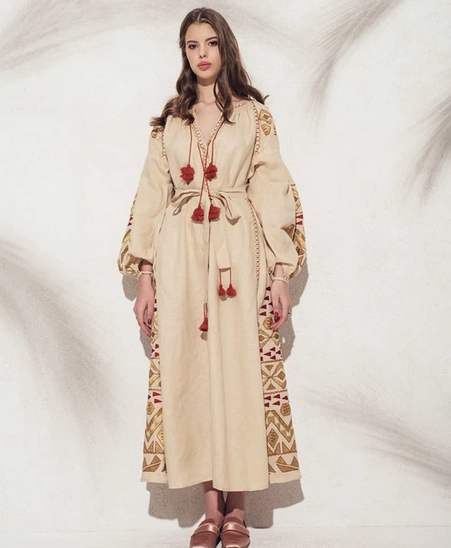 Embroidered Dress Vyshyvanka Beige Dress Ukrainian embroidery, ethno style boho chic