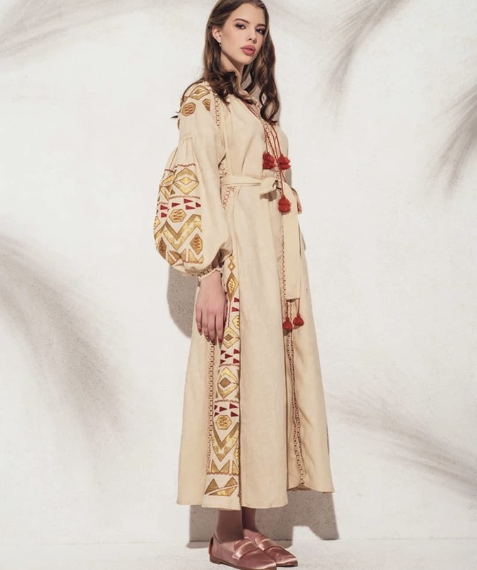 Embroidered Dress Vyshyvanka Beige Dress Ukrainian embroidery, ethno style boho chic
