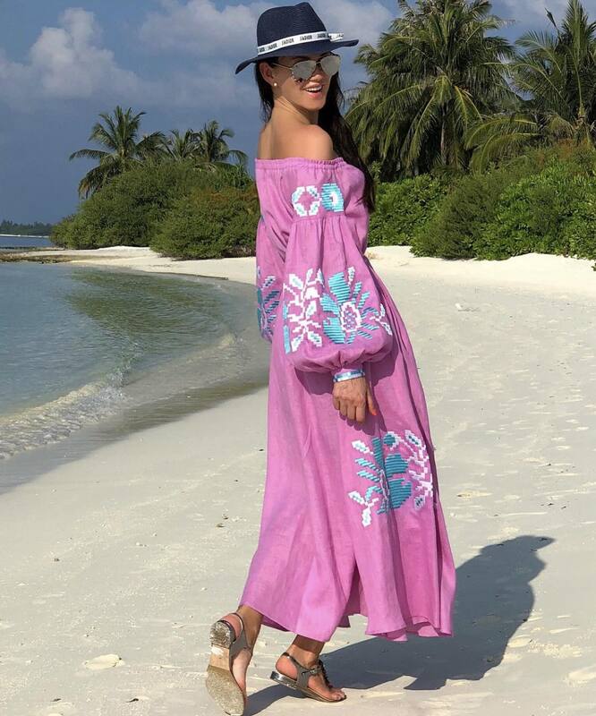 Dress Vyshyvanka Linen, Color Embroidery, Ukrainian embroidery, Pink  Robe Dress