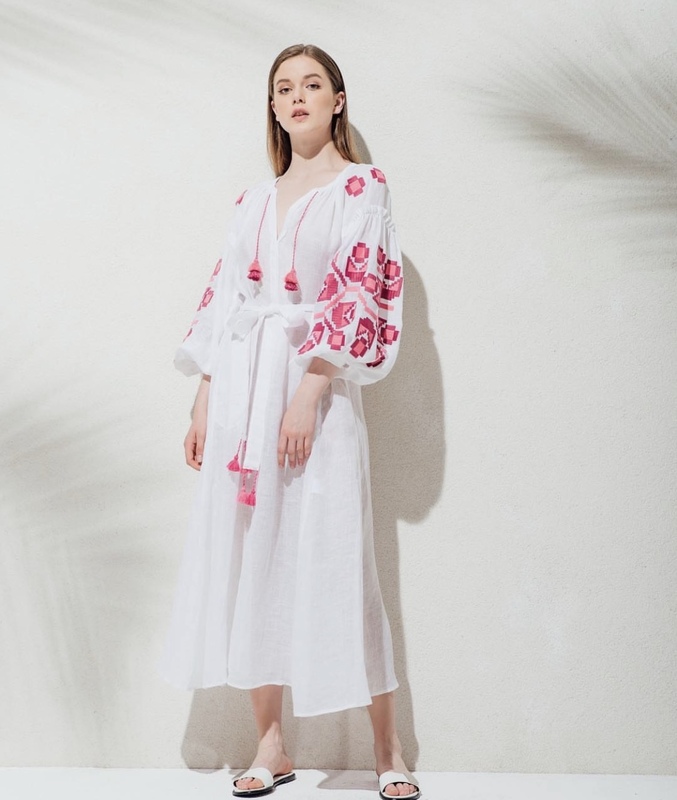 Dress Embroidered White Maxi Dress Multi Color Embroidery Linen Dress Ukrainian