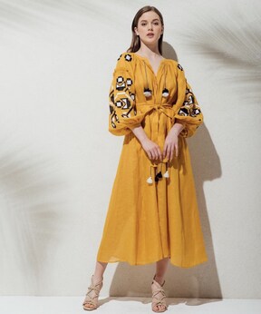 Yellow Dress Embroidered Maxi Dress Multi Color Embroidery Linen Dress Ukrainian