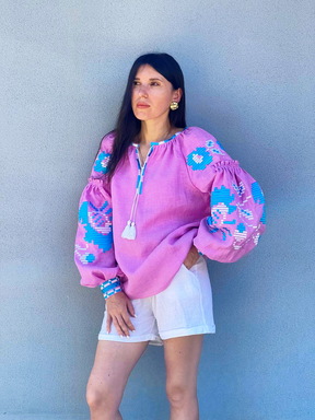 Vyshyvanka  Boho, ethno, style boho chic, Embroidered Blouse Pink, raspberry, Multi Color Embroidery Linen Blouse