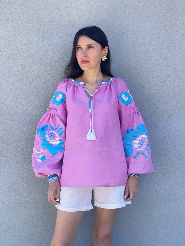 Vyshyvanka  Boho, ethno, style boho chic, Embroidered Blouse Pink, raspberry, Multi Color Embroidery Linen Blouse