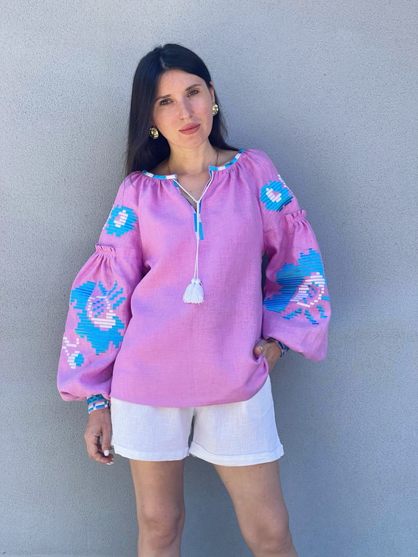Vyshyvanka  Boho, ethno, style boho chic, Embroidered Blouse Pink, raspberry, Multi Color Embroidery Linen Blouse