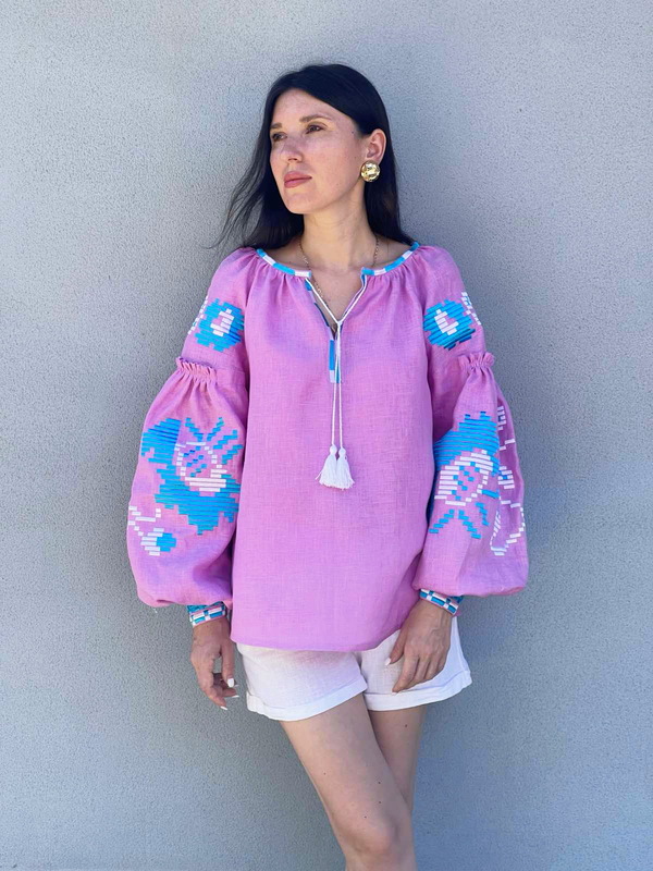 Vyshyvanka  Boho, ethno, style boho chic, Embroidered Blouse Pink, raspberry, Multi Color Embroidery Linen Blouse
