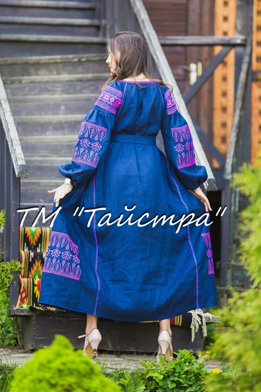 Boho dress embroidered ,Dark blue linen, ethno, style boho chic, Bohemian Vyshyvanka Dress Multi Color Embroidery Linen, Ukrainian embroidery