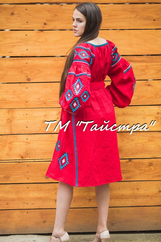 Red dress boho embroidered linen, ethno style boho chic, Bohemian Vyshyvanka Dress Multi Color Embroidery Linen, Ukrainian embroidery