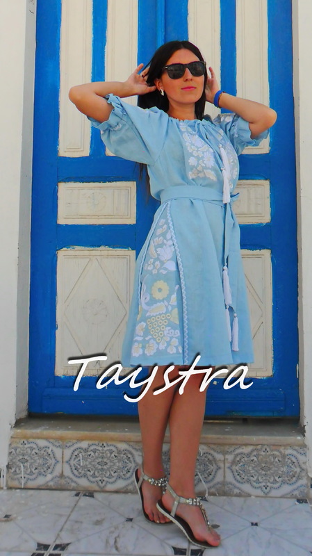 Dress Embroidered Gypsy Style Dress Linen,Vyshyvanka Dress Embroidery Linen, Ukrainian embroidery Sky-Blue Dress