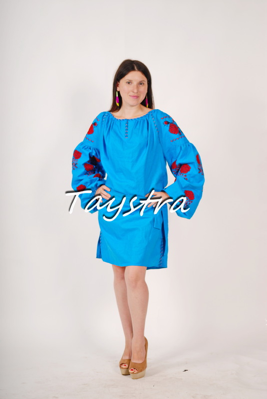 Vyshyvanka Blue Tunic Ukrainian embroidery, Mini Dress, Boho, ethno, style boho chic, Embroidered dress, Multi Color Embroidery Linen