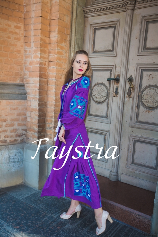 Boho embroidered linen, ethno, style boho chic, Bohemian Vyshyvanka Dress Multi Color Embroidery Linen, Ukrainian embroidery, Purple Dress, Violet  Dress