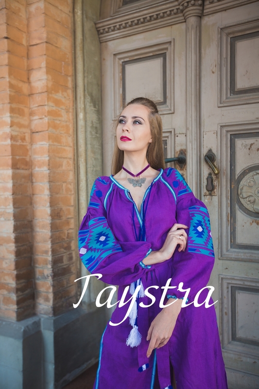 Boho embroidered linen, ethno, style boho chic, Bohemian Vyshyvanka Dress Multi Color Embroidery Linen, Ukrainian embroidery, Purple Dress, Violet  Dress