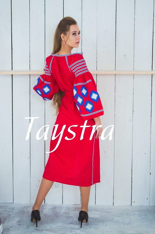 Red dress boho embroidered linen, ethno, style boho chic, Bohemian Vyshyvanka Dress Multi Color Embroidery Linen, Ukrainian embroidery