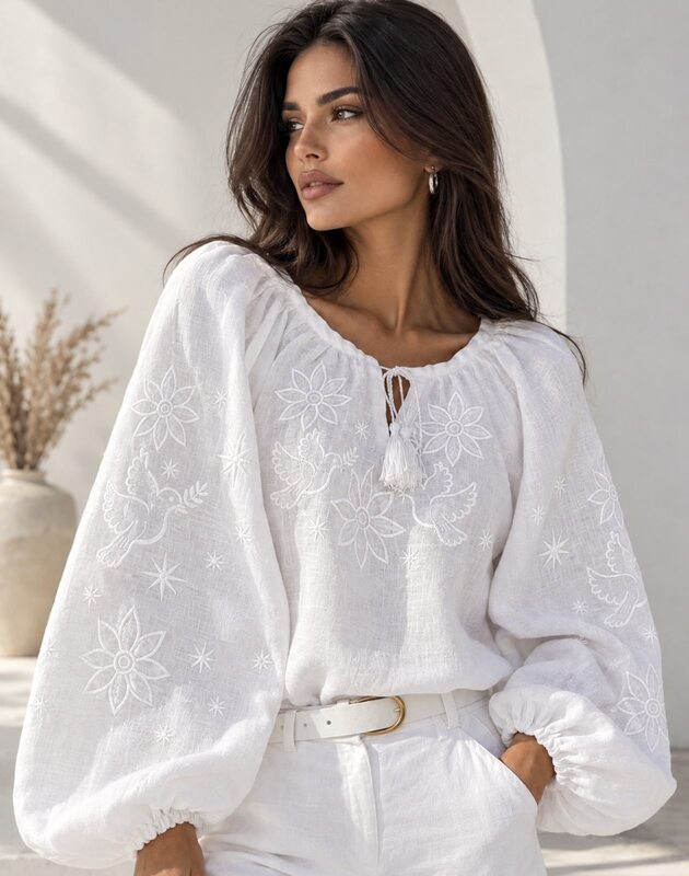 Blouse Boho Embroidered Vyshyvanka White Ukrainian Linen Embroidered Blouse
