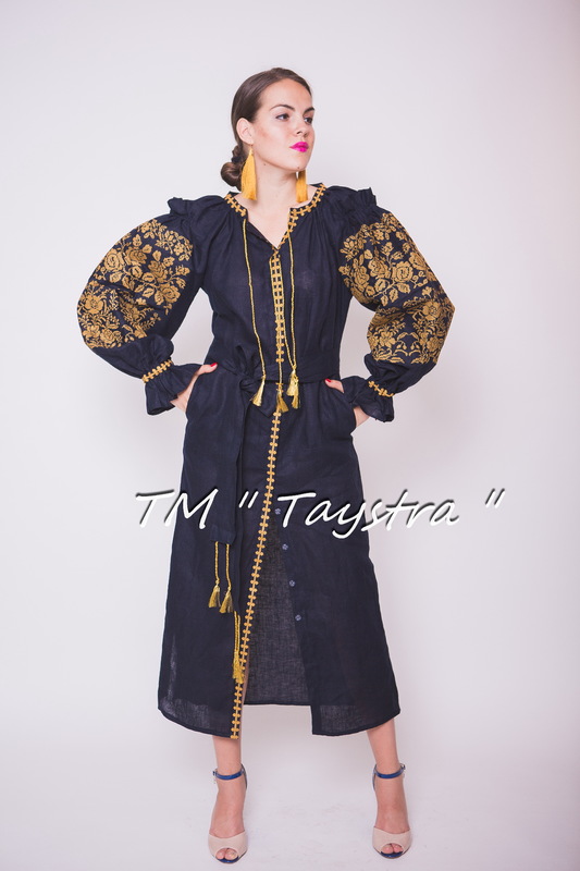 Dress boho embroidered linen, Gold Embroidery, Dark Blue Dress, style boho chic, Bohemian Vyshyvanka Dress Multi Color Embroidery Linen, Ukrainian embroidery 