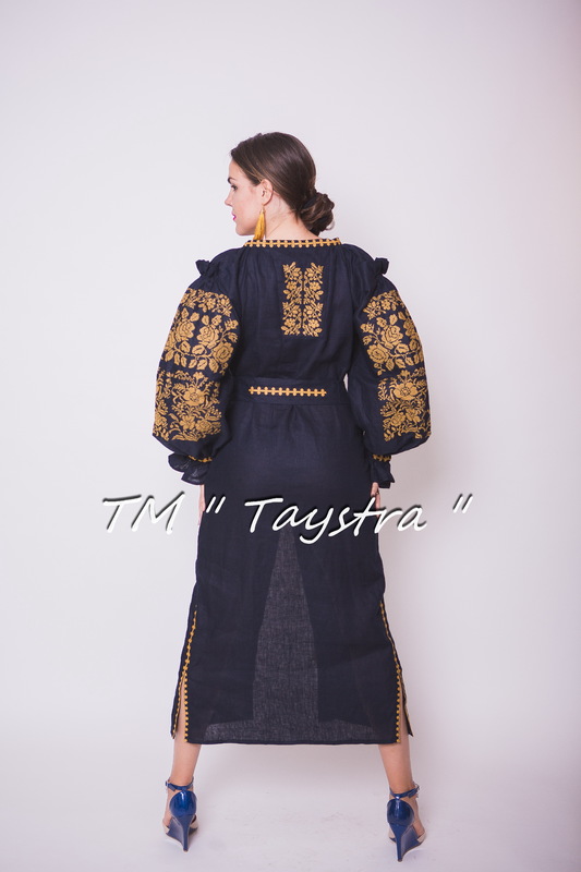 Dress boho embroidered linen, Gold Embroidery, Dark Blue Dress, style boho chic, Bohemian Vyshyvanka Dress Multi Color Embroidery Linen, Ukrainian embroidery 